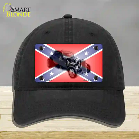 Confederate Flag Hot Rod Novelty License Plate Hat Unconstructed Cotton / Black