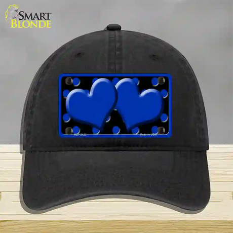 Blue Black Polka Dot Blue Center Hearts Novelty License Plate Hat Unconstructed Cotton / Black