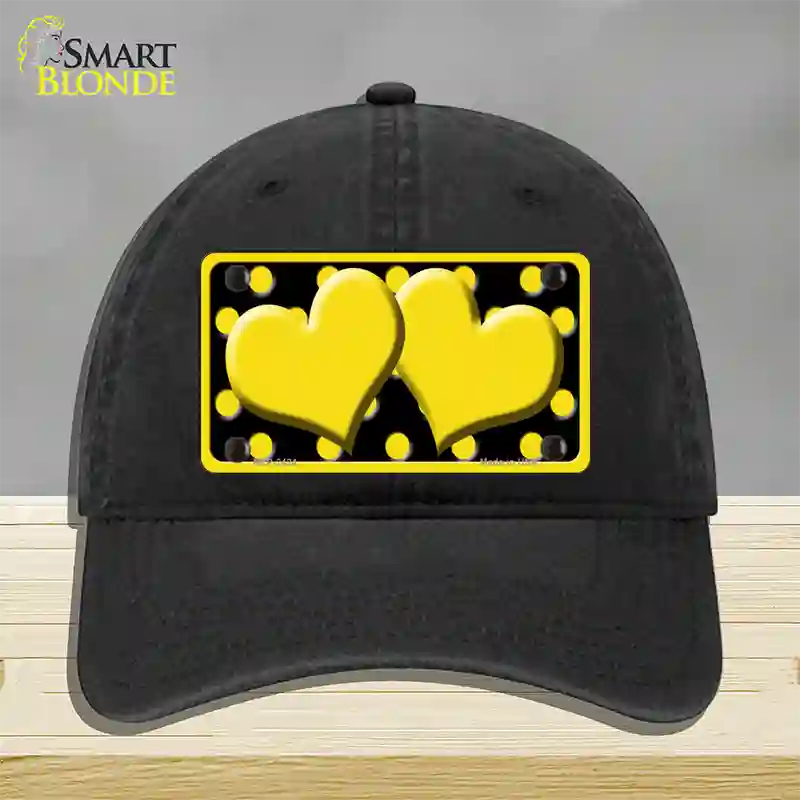 Yellow Black Polka Dot Yellow Center Hearts Novelty License Plate Hat Unconstructed Cotton / Black