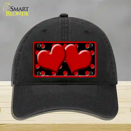 Red Black Polka Dot Red Center Hearts Novelty License Plate Hat Unconstructed Cotton / Black