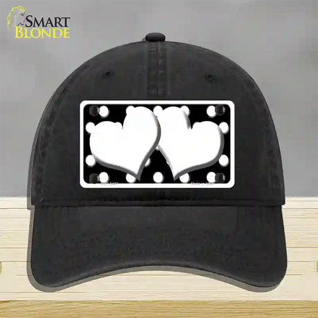 White Black Polka Dot Black Center Hearts Novelty License Plate Hat Unconstructed Cotton / Black