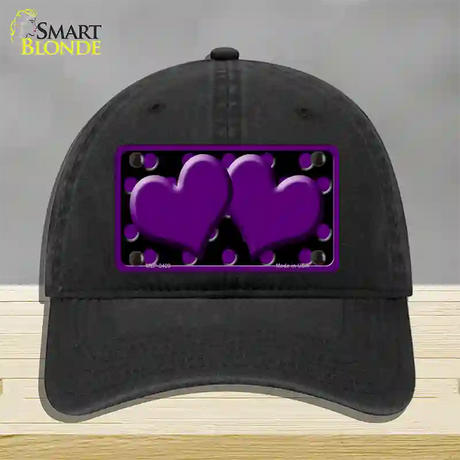 Purple Black Polka Dot Purple Center Hearts Novelty License Plate Hat Unconstructed Cotton / Black