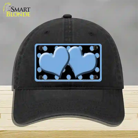 Light Blue Black Polka Dot Light Blue Centered Hearts Novelty License Plate Hat Unconstructed Cotton / Black