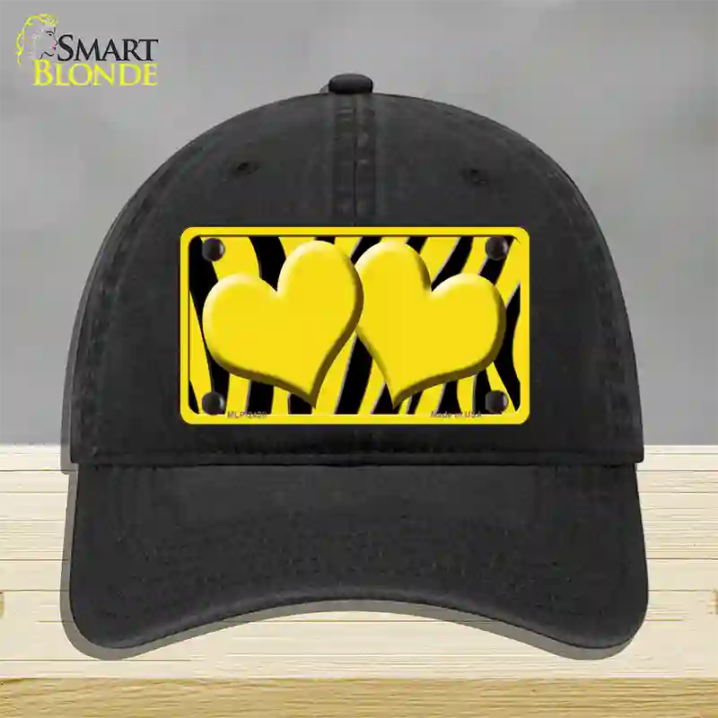 Yellow Black Zebra Yellow Centered Hearts Novelty License Plate Hat Unconstructed Cotton / Black