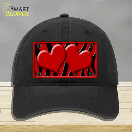 Red Black Zebra Red Centered Hearts Novelty License Plate Hat Unconstructed Cotton / Black