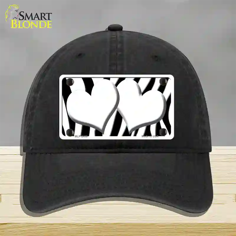 White Black Zebra Red Centered Hearts Novelty License Plate Hat Unconstructed Cotton / Black