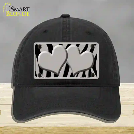 Grey Black Zebra Grey Centered Hearts Novelty License Plate Hat Unconstructed Cotton / Black