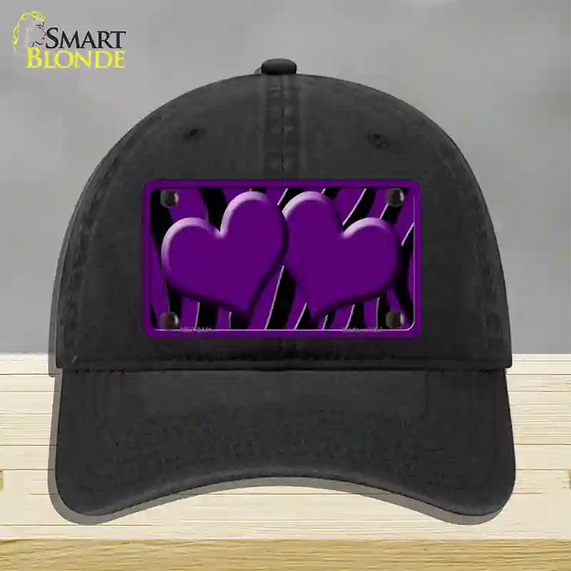 Purple Black Zebra Purple Centered Hearts Novelty License Plate Hat Unconstructed Cotton / Black