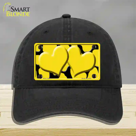 Yellow Black Giraffe Yellow Centered Hearts Novelty License Plate Hat Unconstructed Cotton / Black