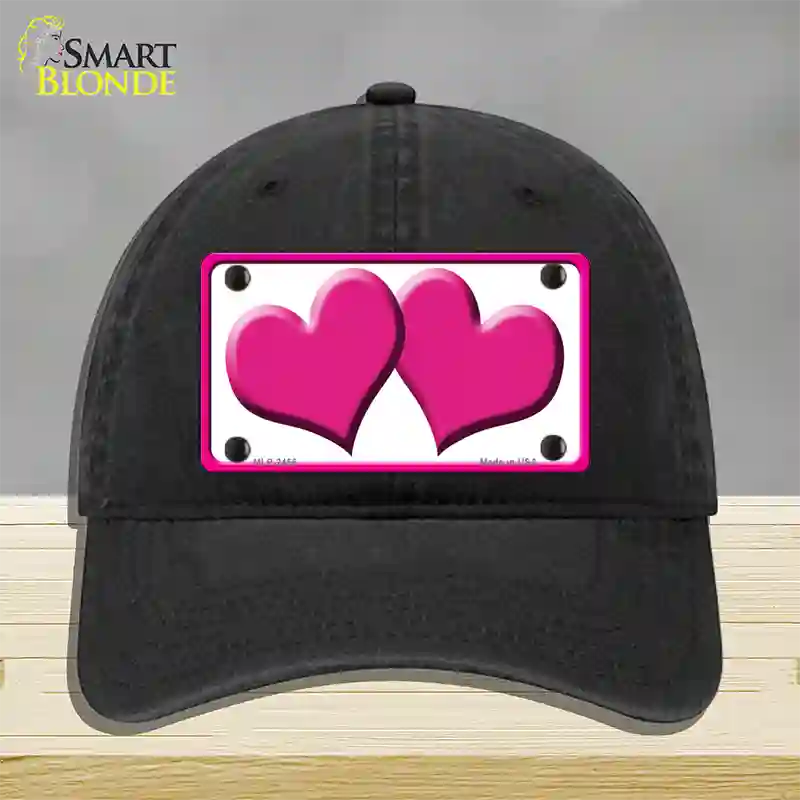 Solid Pink Centered Hearts White Novelty License Plate Hat Unconstructed Cotton / Black