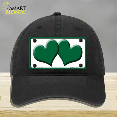 Solid Green Centered Hearts White Novelty License Plate Hat Unconstructed Cotton / Black