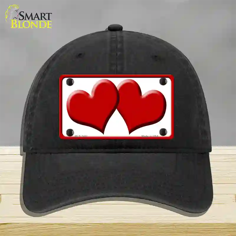 Solid Red Centered Hearts White Novelty License Plate Hat Unconstructed Cotton / Black