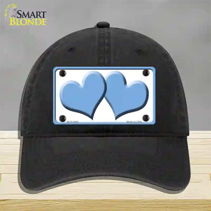 Solid Light Blue Centered Hearts White Novelty License Plate Hat Unconstructed Cotton / Black