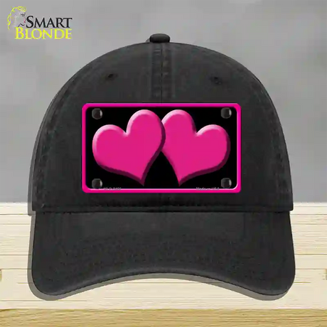 Solid Pink Centered Hearts Black Novelty License Plate Hat Unconstructed Cotton / Black