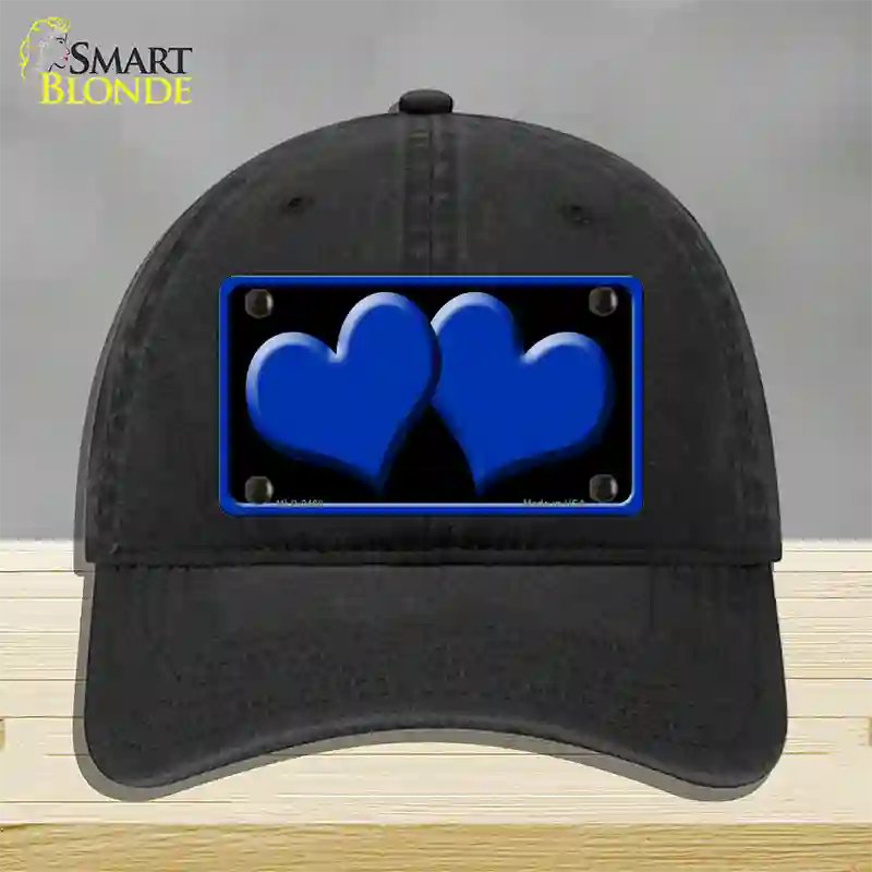 Solid Blue Centered Hearts Black Novelty License Plate Hat Unconstructed Cotton / Black