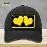 Solid Yellow Centered Hearts Black Novelty License Plate Hat Unconstructed Cotton / Black