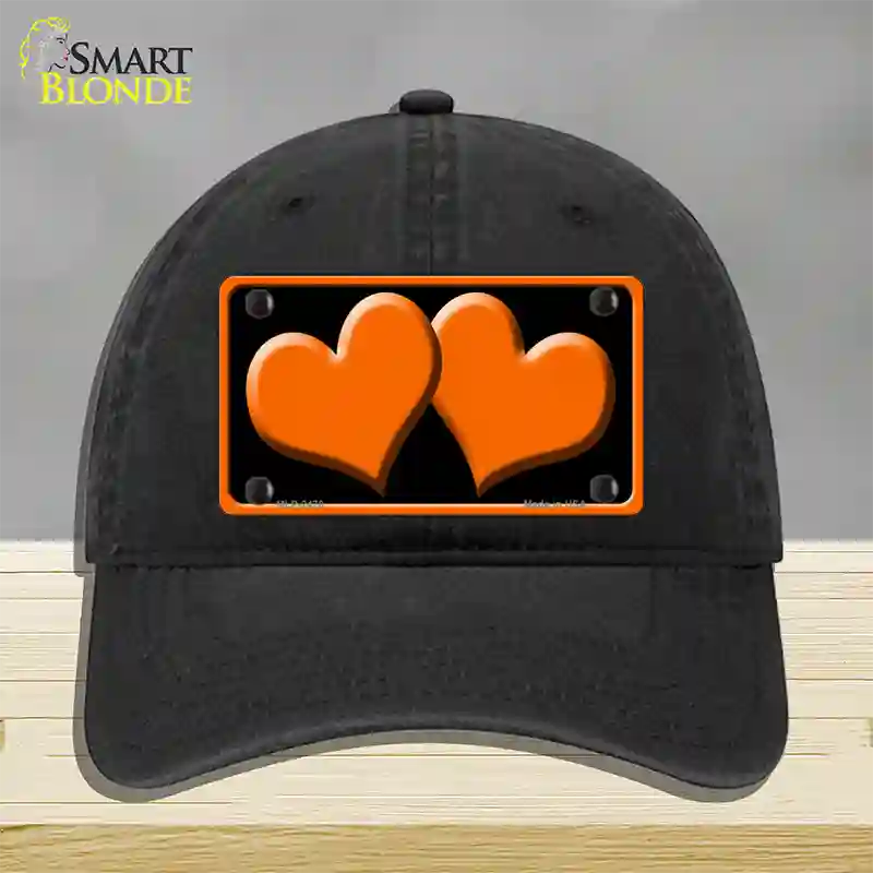 Solid Orange Centered Hearts Black Novelty License Plate Hat Unconstructed Cotton / Black