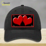 Solid Red Centered Hearts Black Novelty License Plate Hat Unconstructed Cotton / Black