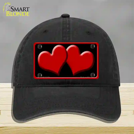 Solid Red Centered Hearts Black Novelty License Plate Hat Unconstructed Cotton / Black