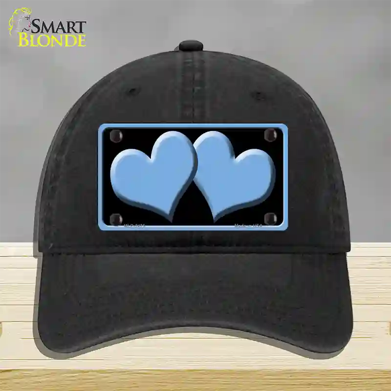 Solid Light Blue Centered Hearts Black Novelty License Plate Hat Unconstructed Cotton / Black