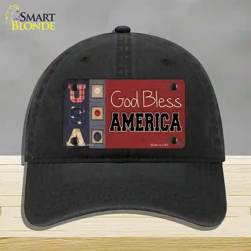 God Bless America Quilt Novelty License Plate Hat Unconstructed Cotton / Black