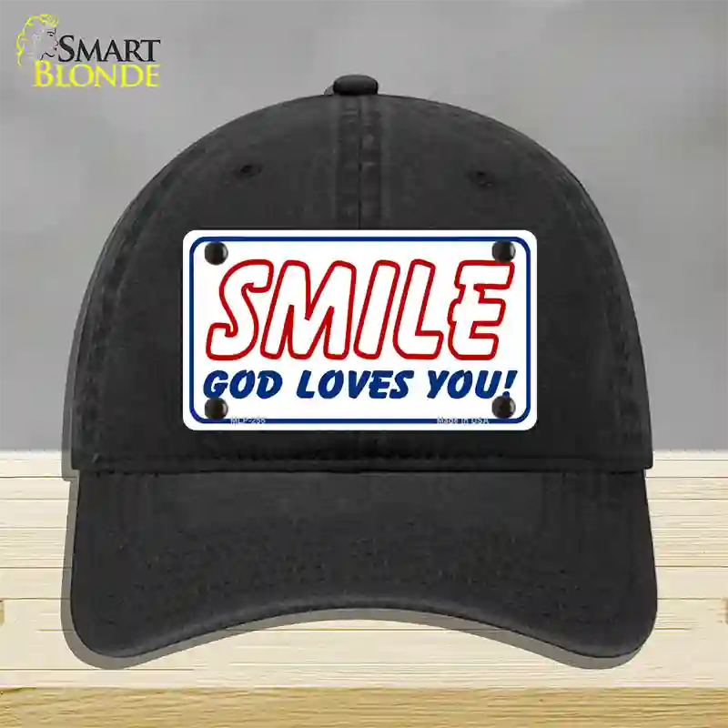 Smile God Loves You Novelty License Plate Hat Unconstructed Cotton / Black