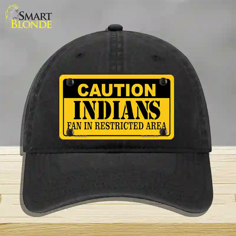 Caution Indians Fan Novelty License Plate Hat Unconstructed Cotton / Black