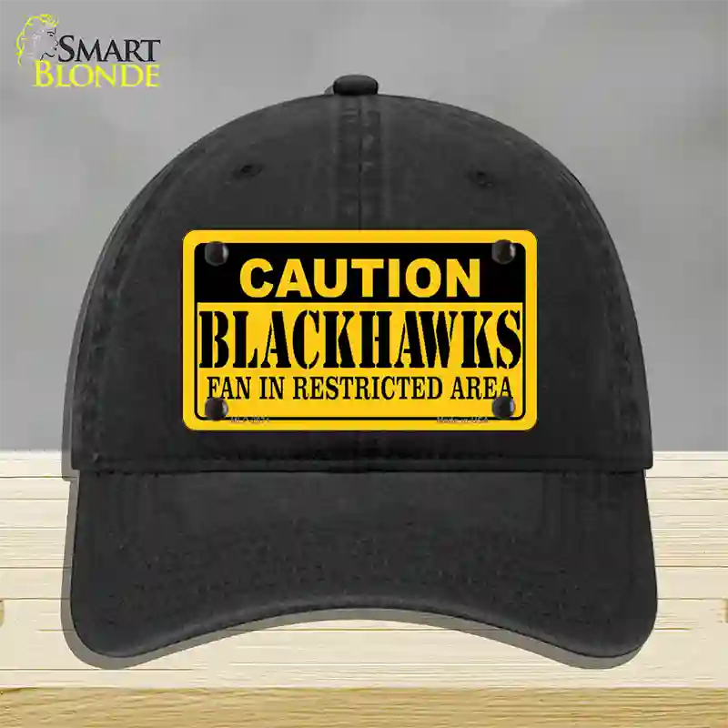 Caution Blackhawks Novelty License Plate Hat Unconstructed Cotton / Black