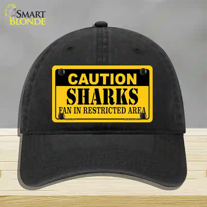 Caution Sharks Novelty License Plate Hat Unconstructed Cotton / Black