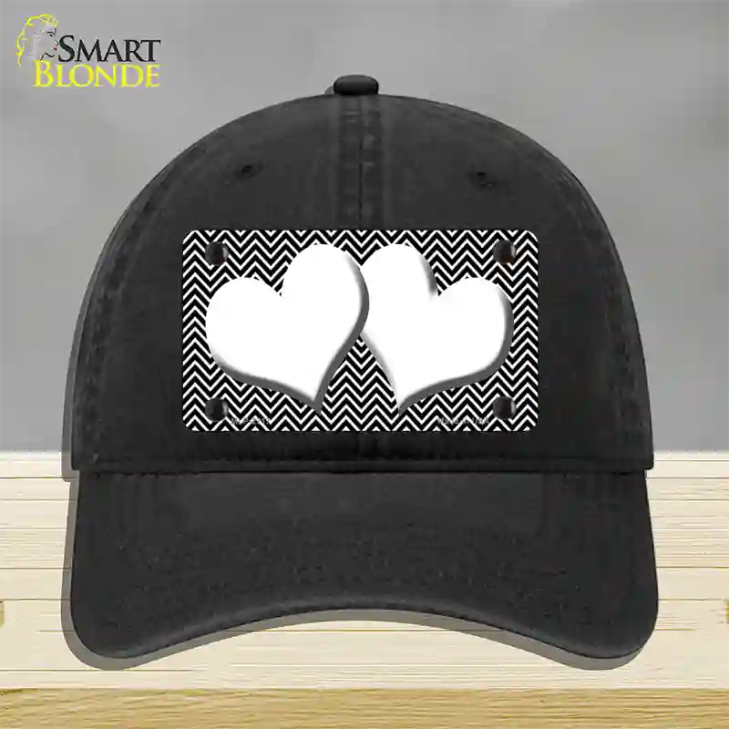 Black White Chevron White Center Hearts Novelty License Plate Hat Unconstructed Cotton / Black