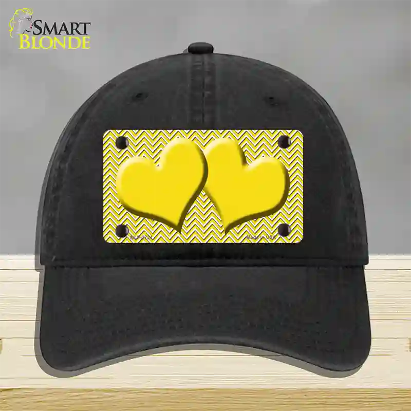 Yellow White Chevron Yellow Center Hearts Novelty License Plate Hat Unconstructed Cotton / Black