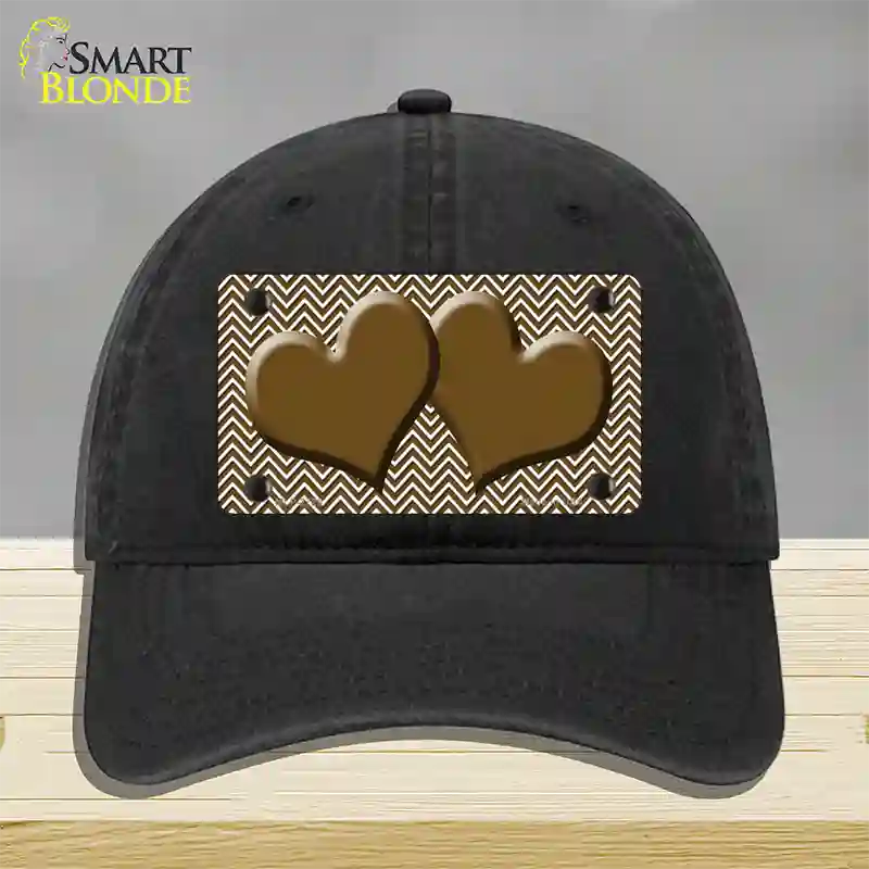 Brown White Chevron Brown Center Hearts Novelty License Plate Hat Unconstructed Cotton / Black