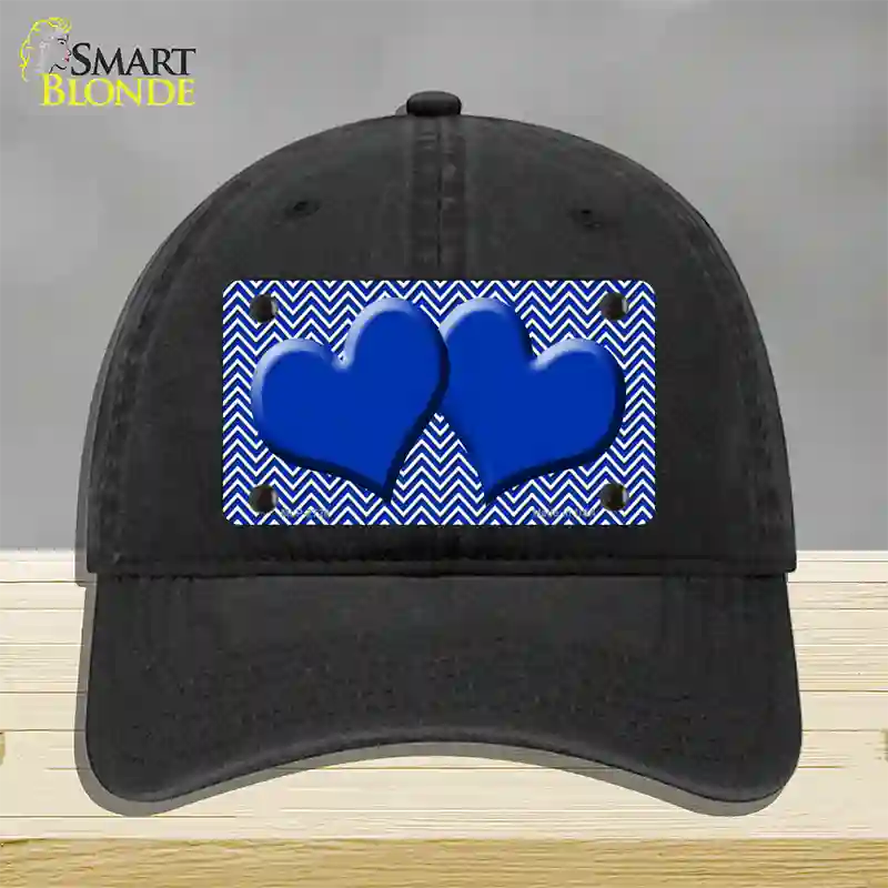 Blue White Chevron Blue Center Hearts Novelty License Plate Hat Unconstructed Cotton / Black