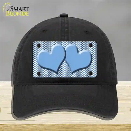 Light Blue White Chevron Light Blue Center Hearts Novelty License Plate Hat Unconstructed Cotton / Black