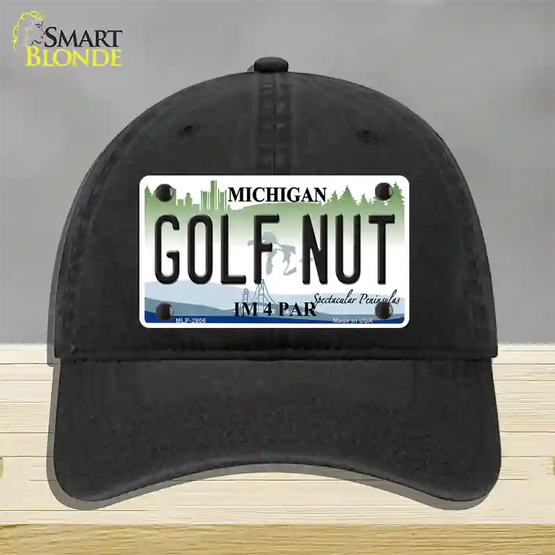 Golf Nut Michigan State Novelty License Plate Hat Unconstructed Cotton / Black