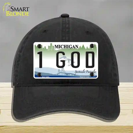 1 GOD Michigan State Novelty License Plate Hat Unconstructed Cotton / Black