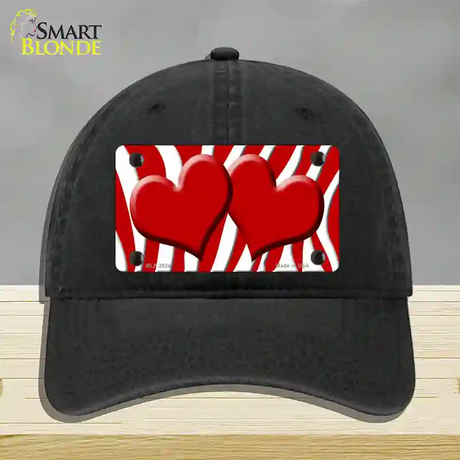 Red White Zebra Red Centered Hearts Novelty License Plate Hat Unconstructed Cotton / Black