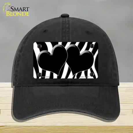 Black White Zebra Black Centered Hearts Novelty License Plate Hat Unconstructed Cotton / Black