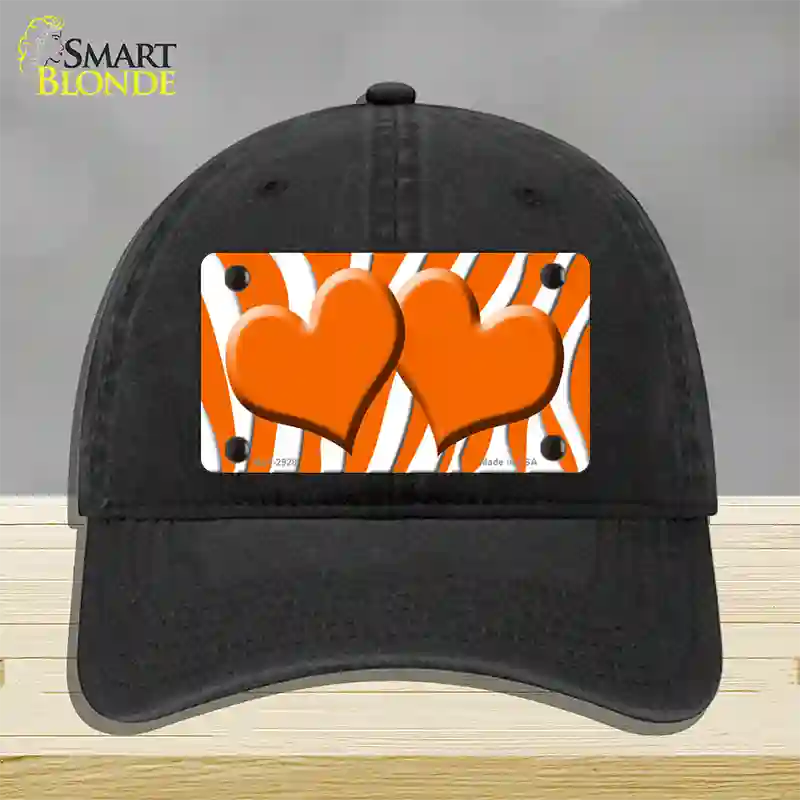 Orange White Zebra Orange Centered Hearts Novelty License Plate Hat Unconstructed Cotton / Black