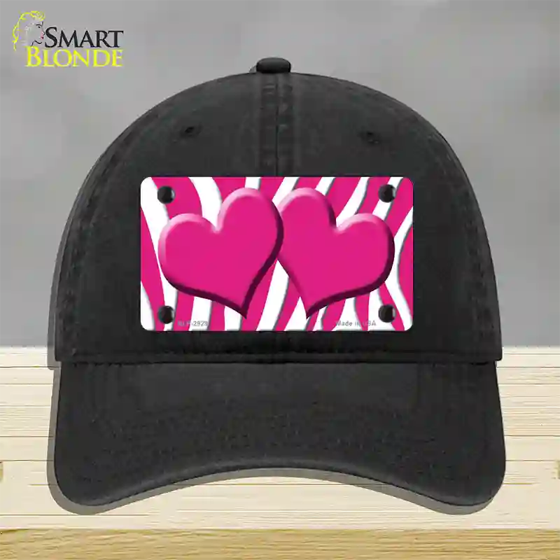 Pink White Zebra Pink Centered Hearts Novelty License Plate Hat Unconstructed Cotton / Black