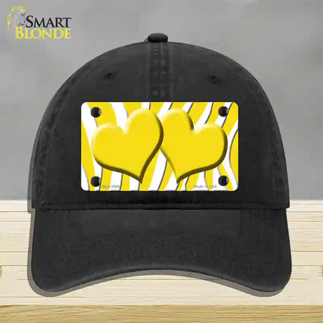 Yellow White Zebra Yellow Centered Hearts Novelty License Plate Hat Unconstructed Cotton / Black