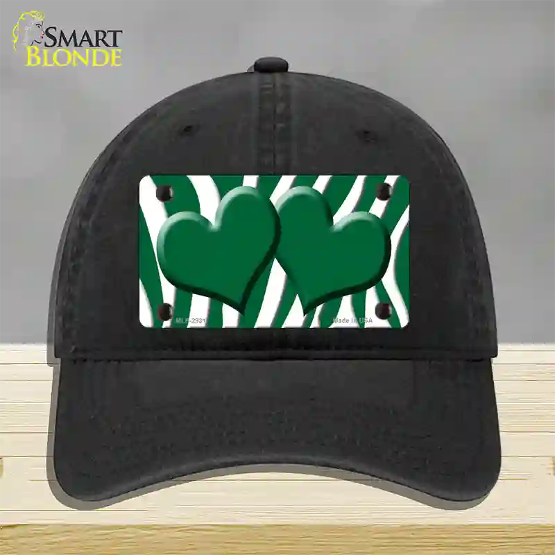 Green White Zebra Green Centered Hearts Novelty License Plate Hat Unconstructed Cotton / Black