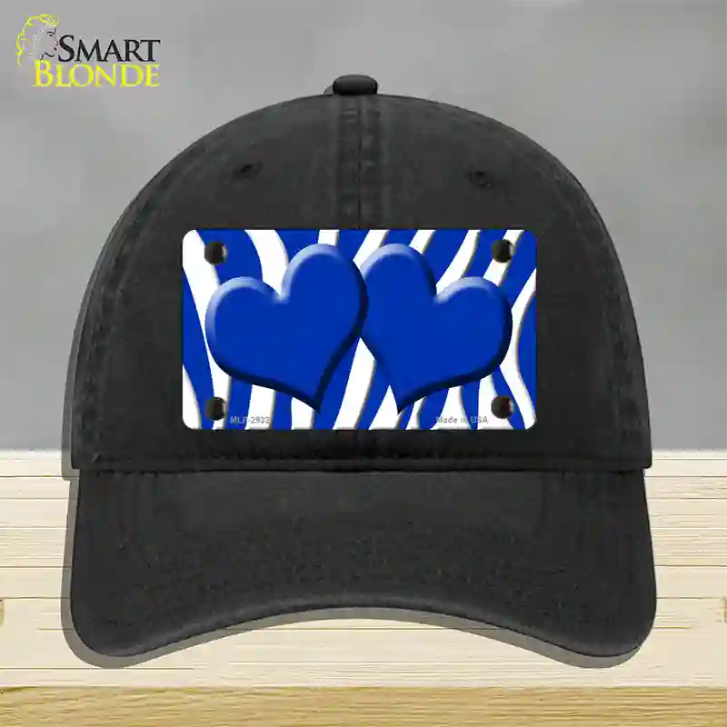 Blue White Zebra Blue Centered Hearts Novelty License Plate Hat Unconstructed Cotton / Black