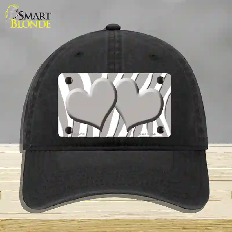 Grey White Zebra Blue Centered Hearts Novelty License Plate Hat Unconstructed Cotton / Black