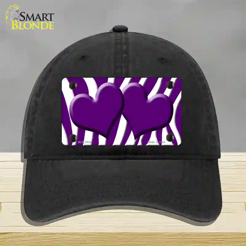 Purple White Zebra Purple Centered Hearts Novelty License Plate Hat Unconstructed Cotton / Black