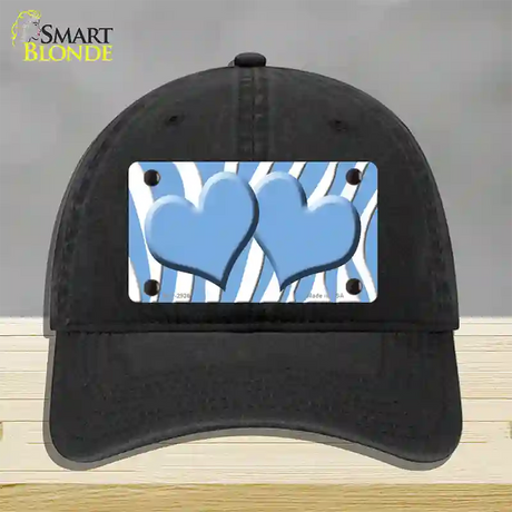 Light Blue White Zebra Light Blue Centered Hearts Novelty License Plate Hat Unconstructed Cotton / Black