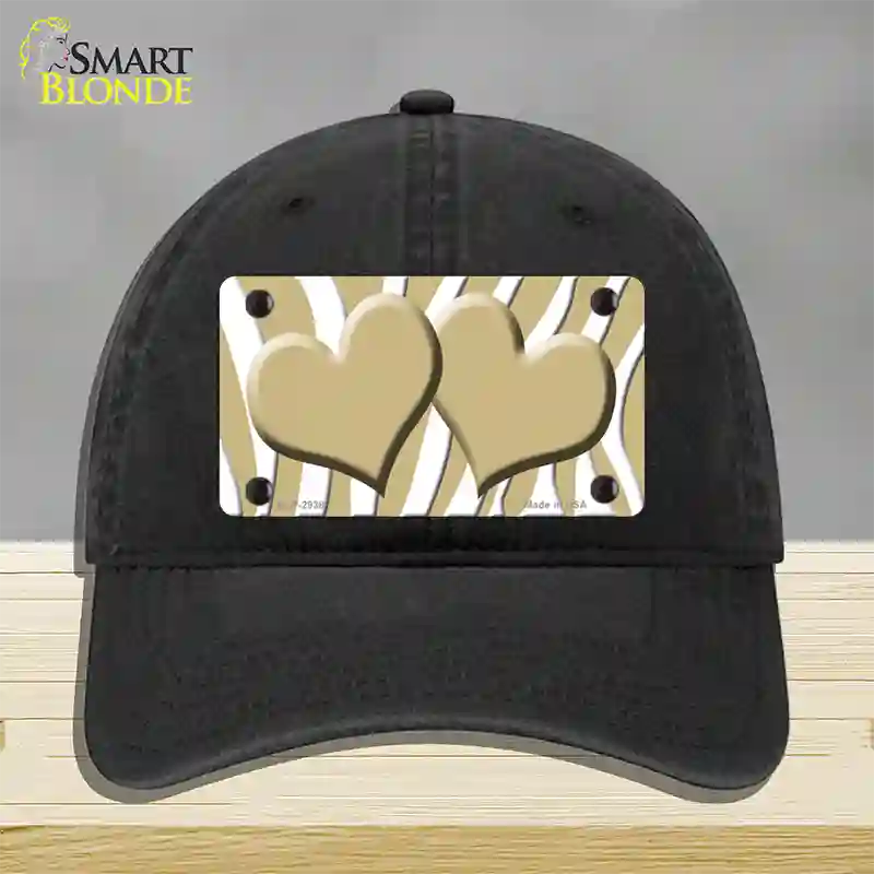 Gold White Zebra Gold Centered Hearts Novelty License Plate Hat Unconstructed Cotton / Black