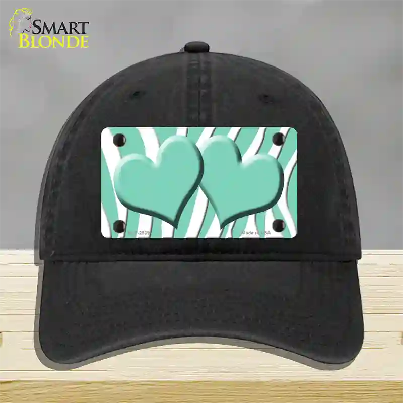 Mint White Zebra Mint Centered Hearts Novelty License Plate Hat Unconstructed Cotton / Black