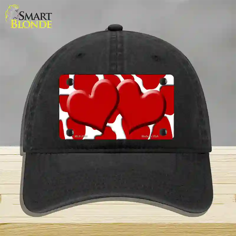 Red White Giraffe Red Centered Hearts Novelty License Plate Hat Unconstructed Cotton / Black