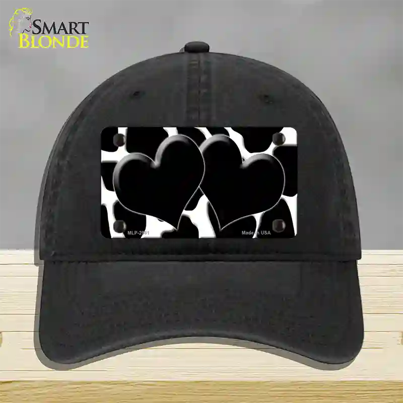 Black White Giraffe Black Centered Hearts Novelty License Plate Hat Unconstructed Cotton / Black